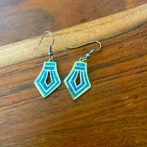 Vintage Alpaca Silver Blue and Turquoise Chip Inlay Dangle Earrings Aztec Design